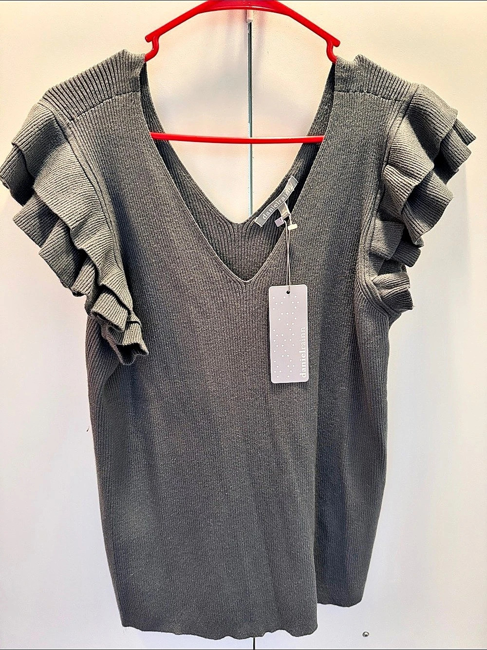 Daniel Rainn Gray Ruffle Sleeve V-Neck Blouse NWT
